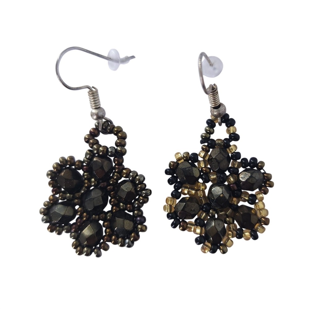 Artisan Seed Beaded Floral Drop Earrings Handcrafted Bronze Metallic Boho Dangle